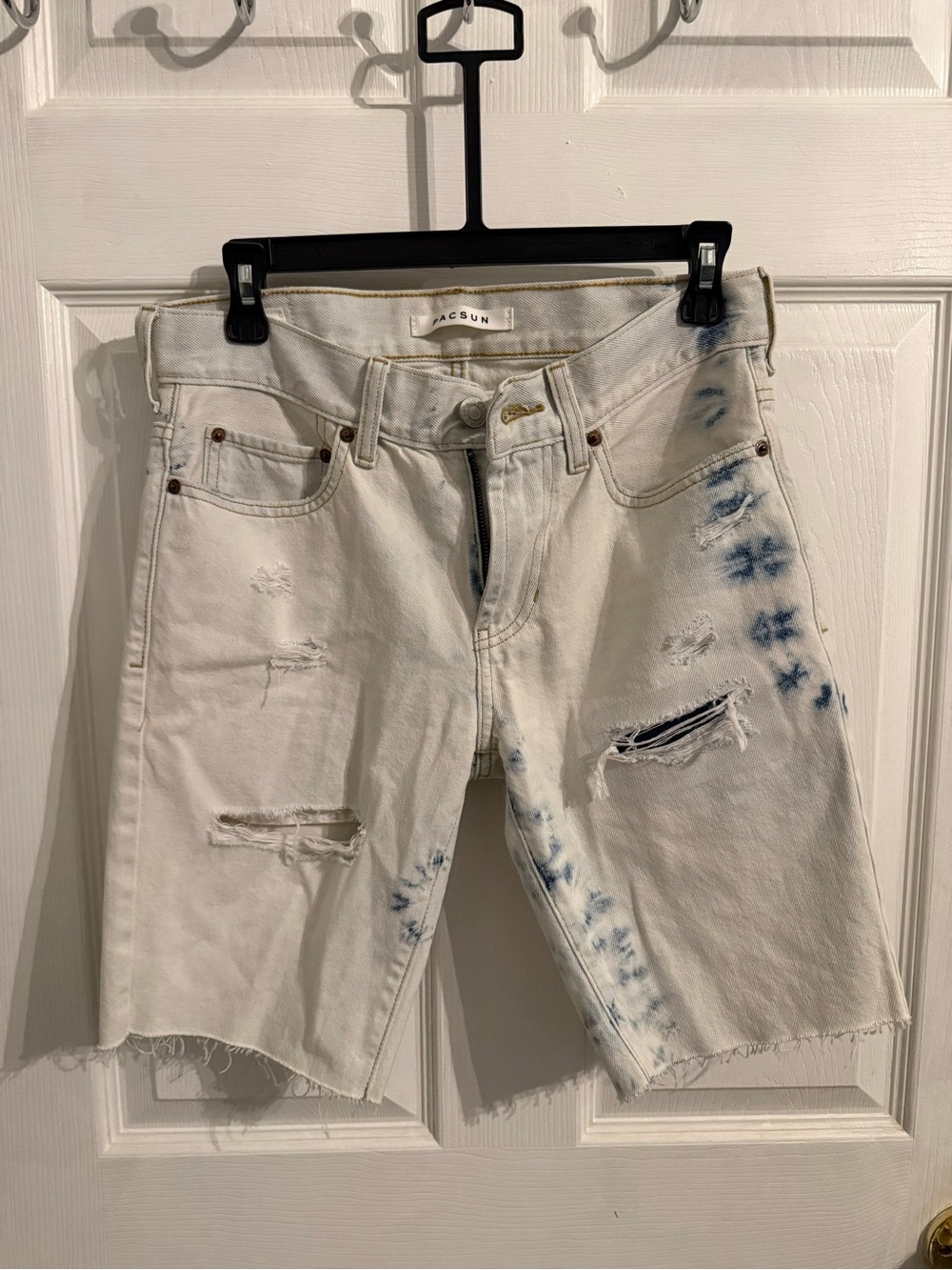 PacSun White Denim Shorts with Blue Tie-Dye and Distressing